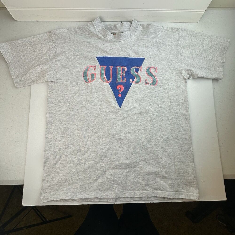 VTG Nutmeg Gray Heavy Cotton T-shirt Size XL Single Stitch USA Made GUESS Print